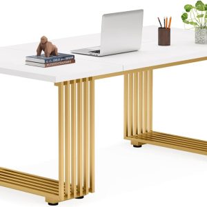 70.9" White Office Desk, Modern Executive Desk with Gold Metal Legs, Large Home Office Desks, Wood Computer Desk, Business Furniture