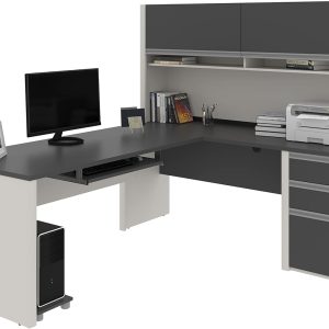 L Shaped Desk with Hutch and Pedestal in Slate and Sandstone, 72W | Large Corner Table for Home Office Workspace or Personal Work Area