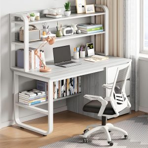 Writing Desk Chair Set, Rectangular Study Table with 3-Drawer and Storage Shelves, Wheeled Chairs Computer Desk Work Table for Home Office, (Grey, Desk & Chair, 47" L x 19" W x 56.5" H)