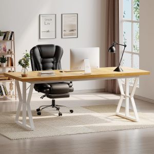 71 Inch Computer Desk, Large Home Office Executive Desk, Modern Simple Style Gaming Desk for Writing Work Study Bedroom, Sturdy Frame & Thicker Steel Legs with Ample Legroom, Rustic Oak