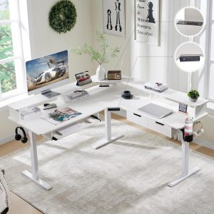 60 Inches L Shaped Electric Standing Desk, Height Adjustable Corner Gaming Desk with Drawers, Keyboard Tray, Power Outlets & LED Lights, Comnputer Desk with Monitor Shelf, Antique White