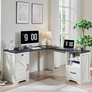 L Shaped Desk, Corner Computer Desk with File Drawer & Charging Station, Home Office 59x59Inch Huge Workspace Study Writing Desk, Off White