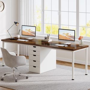 Two Person Computer Desk with 5 Drawers, 78.7 Inches Extra Long Double Office Desk, Modern Simple Double Computer Desk Study Writing Table Workstation for Home Office(Brown/White)