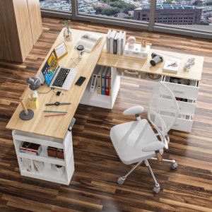 L Shaped Standing Desk with Drawers and Shelves, Executive Desk Adjustable Height Desk, L-Shaped Design, 63 inch Tabletop, for Office Bedroom Oak and White (63”W x 63”D x 29.6-45.3”H)