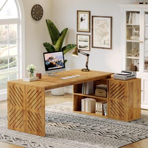70.8-Inch L-Shaped Executive Desk, Large Wood Office Computer Desk with Storage Shelves, Modern Wooden Desk with Lateral Cabinet, Workstation for Home Office, Business Furniture, Walnut