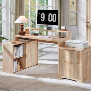 67" Modern L Shaped Desk with Storage Cabinet & Drawers, Wood Home Office Desk with Power Outlets, Fluted Computer Writing Desk, Natural Oak
