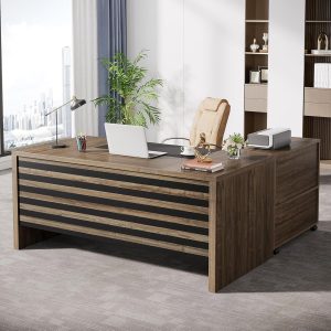 62.2" Executive Desk with Mobile File Cabinet, L-Shaped Office Desk with Storage Shelves, Large Computer Desk Business Workstation Set for Home Office, Light Brown
