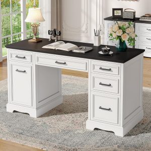 White Farmhouse Executive Desk with Drawers, 55.1" Wood Home Office Desk with Storage Cabinet, Morden Solid Computer Writing Desk for Study Work Table for Home Office Bedroom (White)