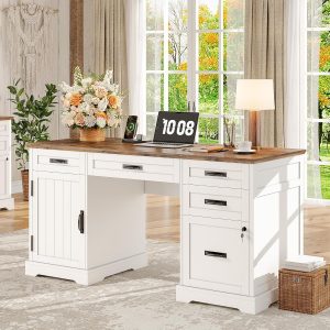 55'' Farmhouse Desk Home Office with Drawers, Executive Computer Desk Wooden with File Cabinet and Charging Station, White
