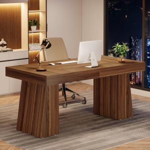 55 Inches Executive Desk, Mid-Century Modern Home Office Desk with Double Trapezoid Base, Wood Computer Desk Business Workstation Desk Small Conference Table, Brown